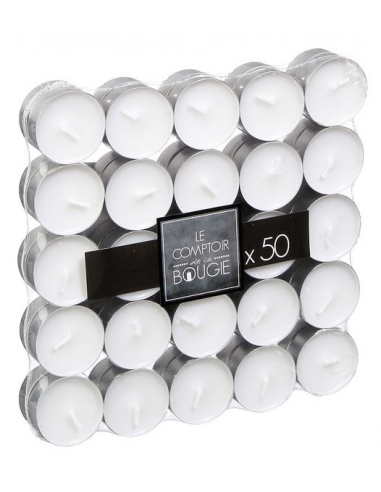 Set 50 candele tea light in cera bianca e vasetto in alluminio durata 4 ore